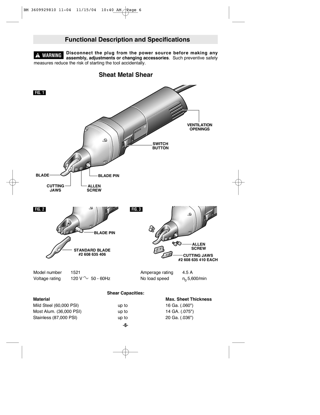 Bosch Power Tools 1521 manual Functional Description and Specifications, Sheat Metal Shear 