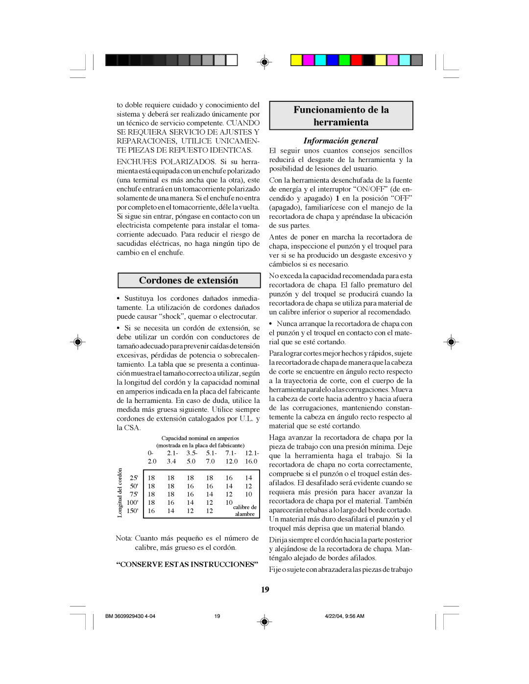 Bosch Power Tools 1529B manual Cordones de extensión, Funcionamiento de la Herramienta, Información general 