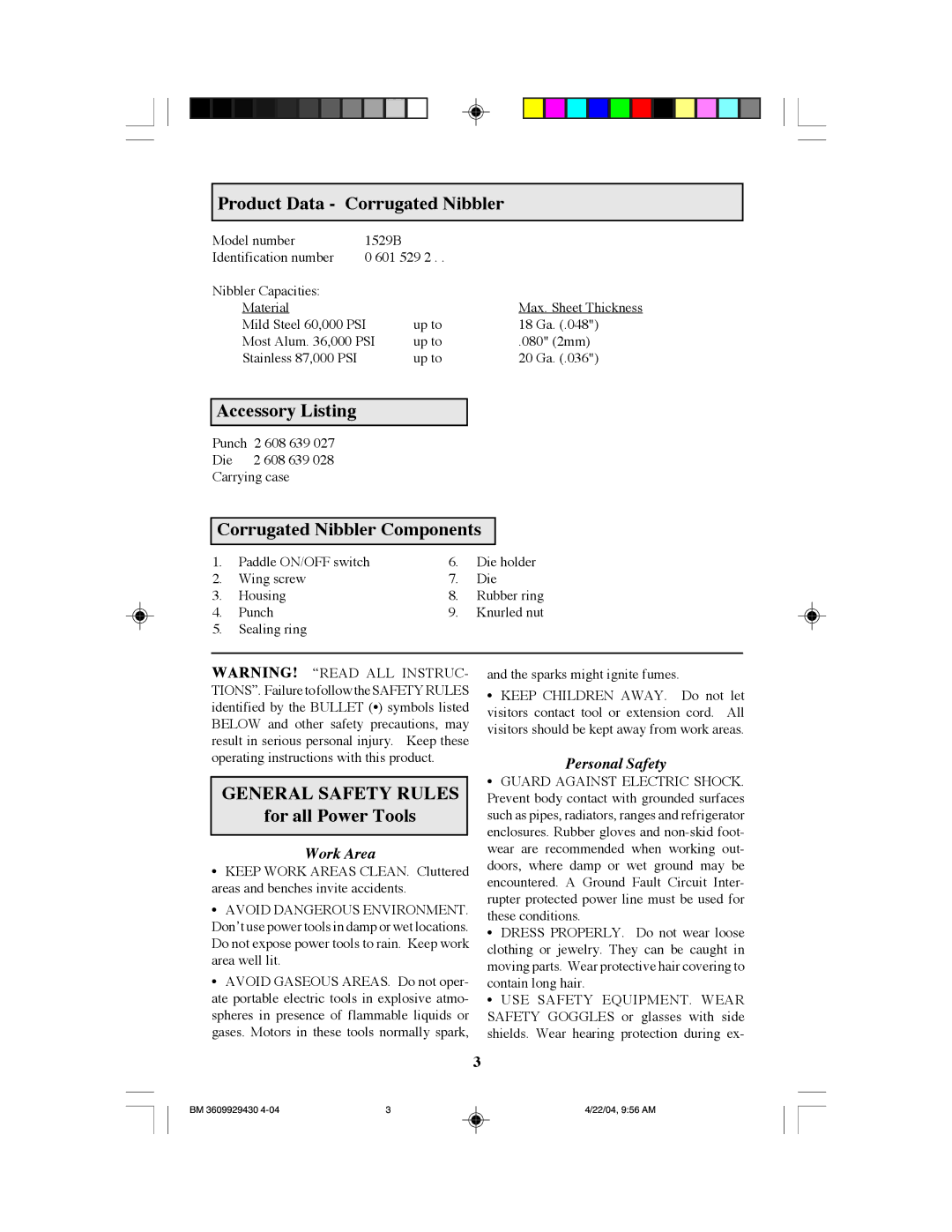 Bosch Power Tools 1529B manual Product Data Corrugated Nibbler, Accessory Listing, Corrugated Nibbler Components 