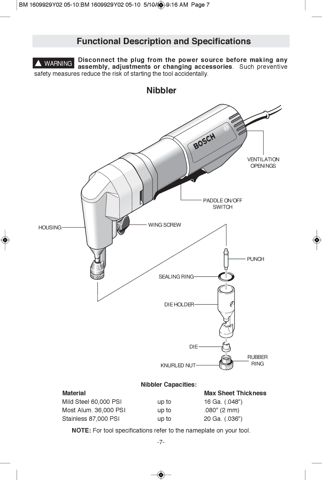 Bosch Power Tools 1529B manual Functional Description and Specifications, Knurled NUT, Nibbler Capacities Material 