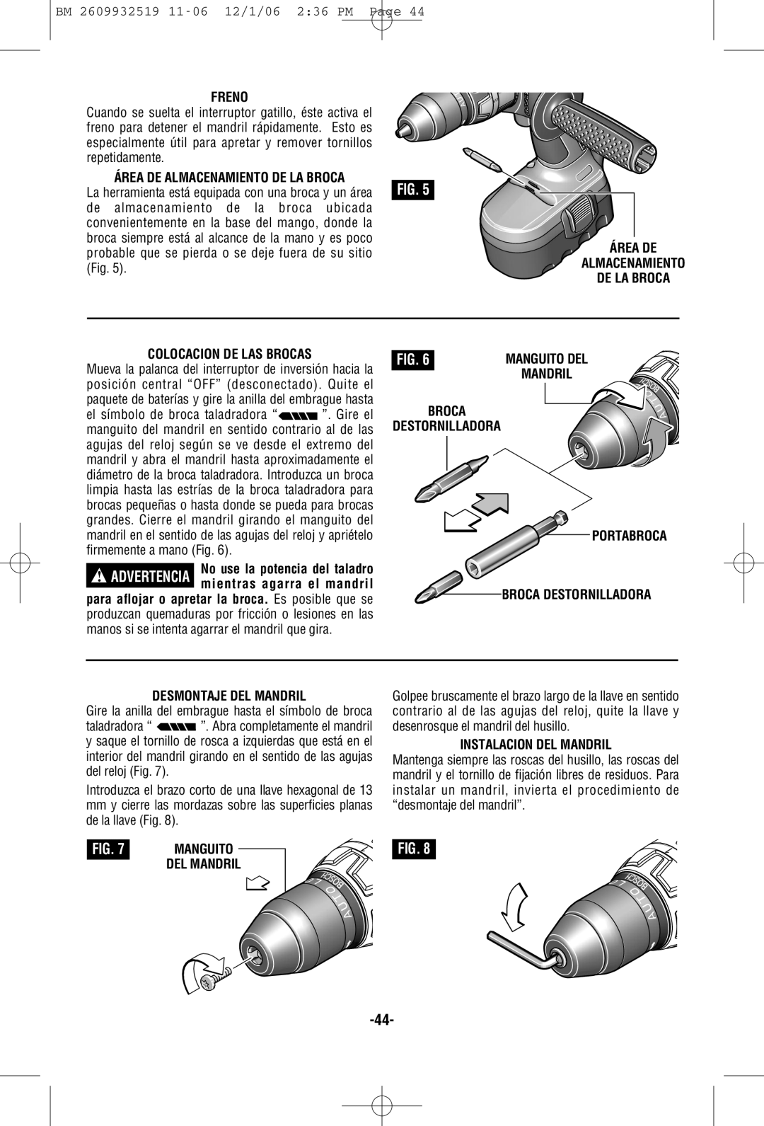 Bosch Power Tools 15614, 15618 Freno, Área DE Almacenamiento DE LA Broca Colocacion DE LAS Brocas, Instalacion DEL Mandril 