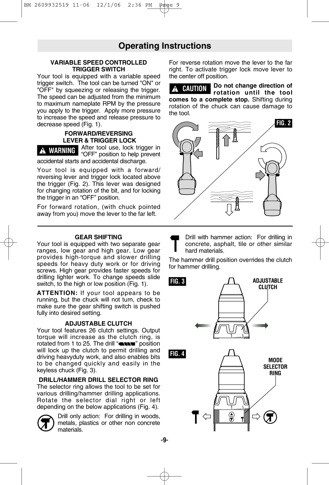 Bosch Power Tools 15618, 15614 manual Operating Instructions, Variable Speed Controlled Trigger Switch, Gear Shifting 