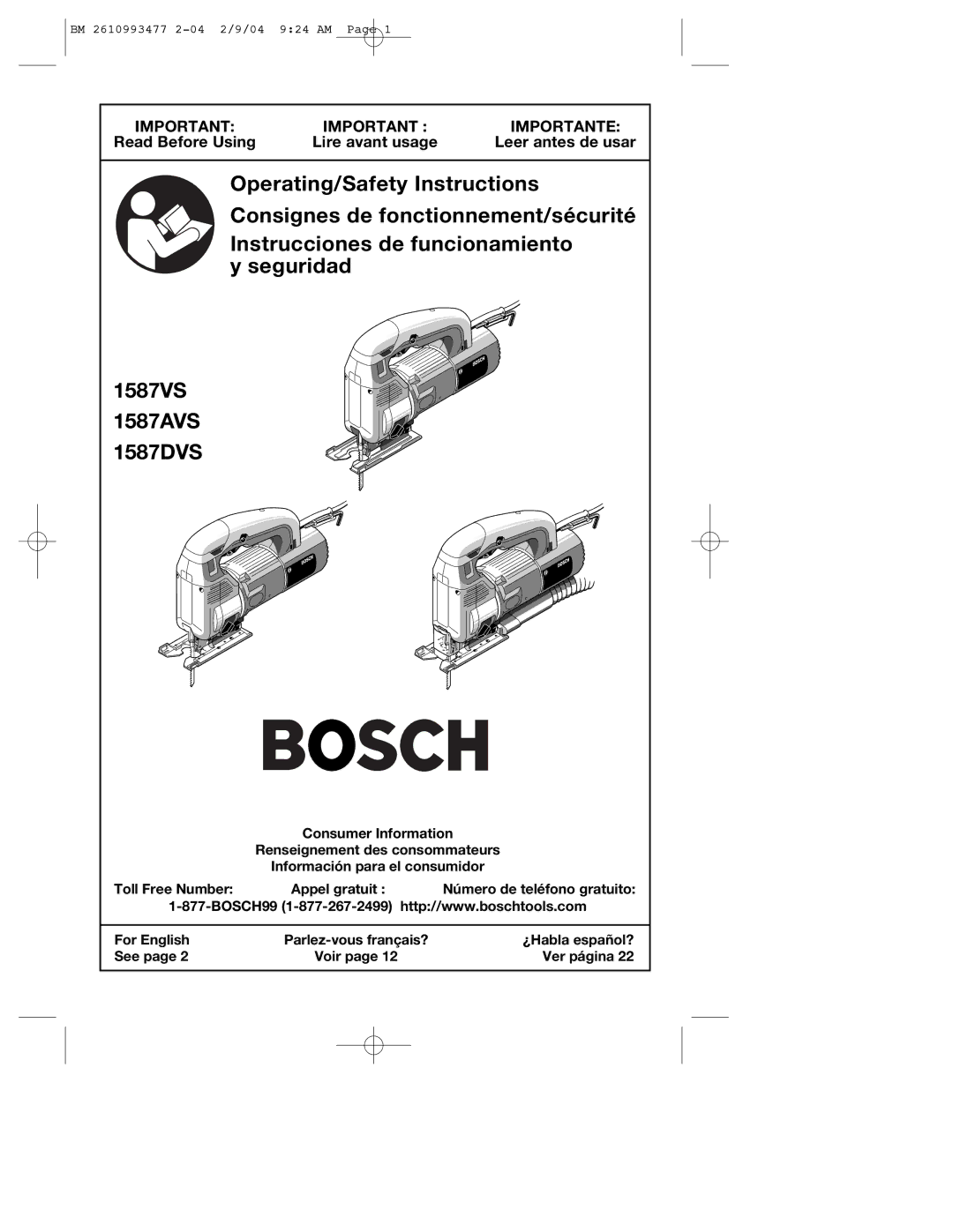 Bosch Power Tools 1587AVSK, 1587VS, 1587DVS manual Operating/Safety Instructions 