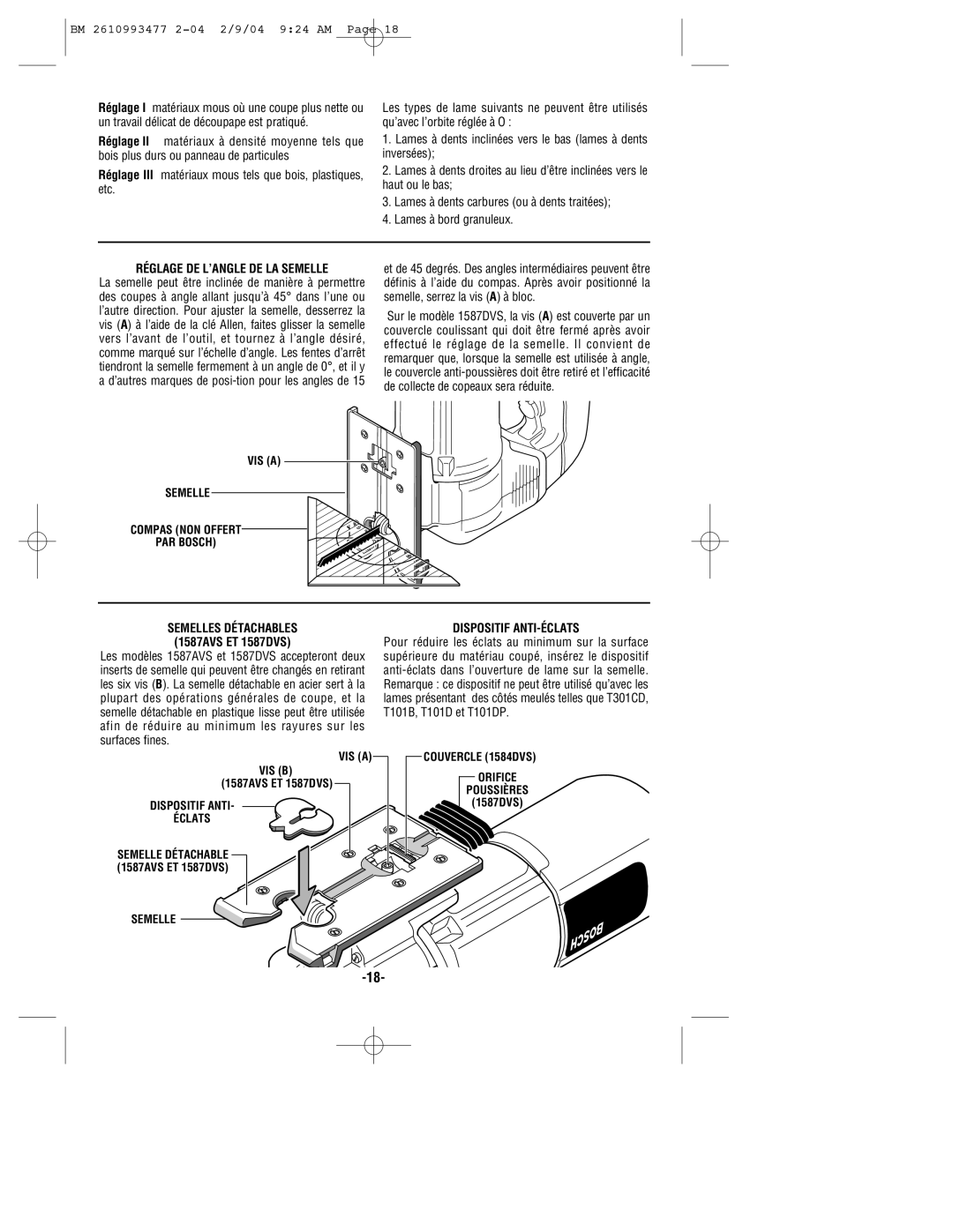 Bosch Power Tools 1587VS, 1587AVSK manual Réglage DE L’ANGLE DE LA Semelle, Semelles Détachables, 1587AVS ET 1587DVS 