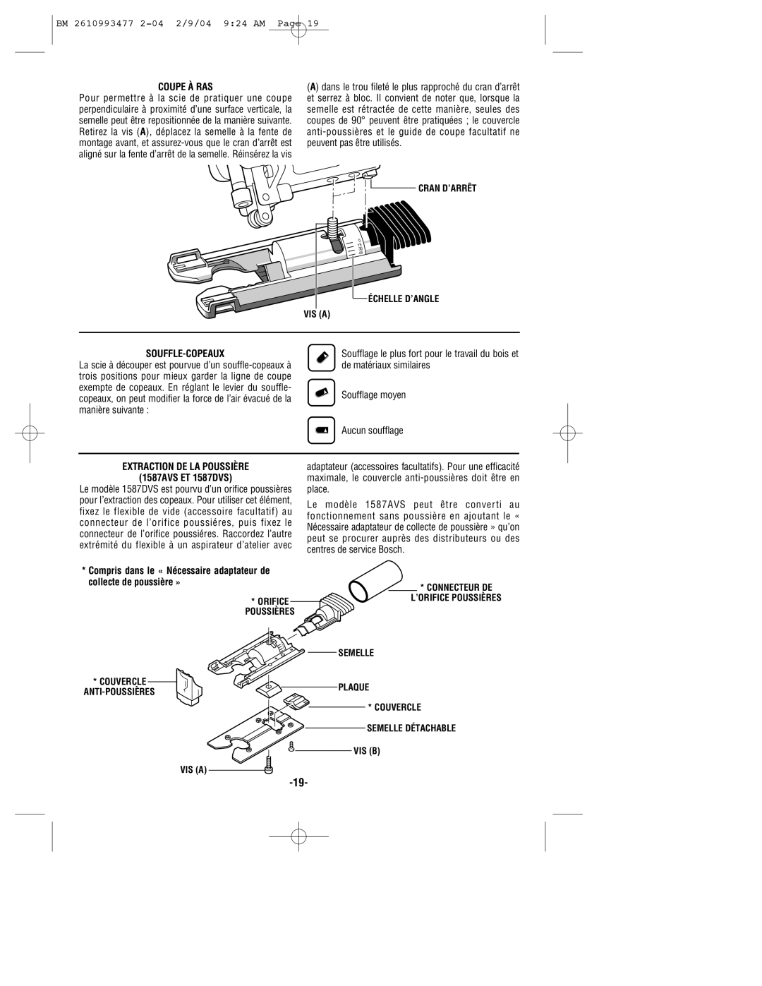 Bosch Power Tools 1587AVSK, 1587VS, 1587DVS manual Souffle-Copeaux, Extraction DE LA Poussière 