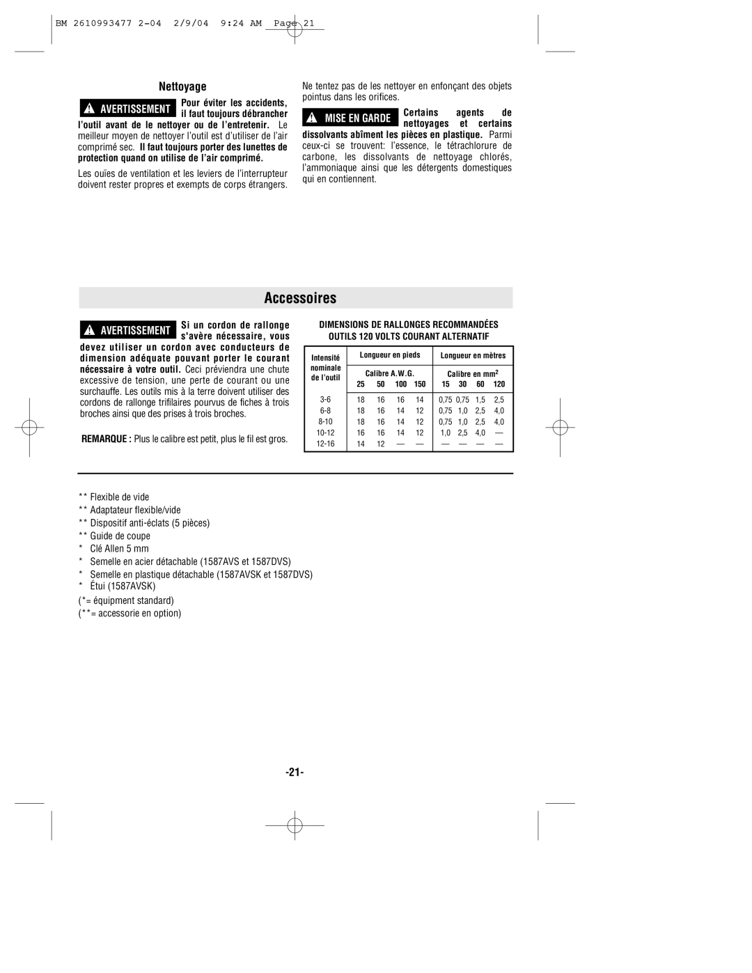 Bosch Power Tools 1587VS, 1587AVSK, 1587DVS manual Accessoires, Nettoyage, Certains Agents, Et certains 