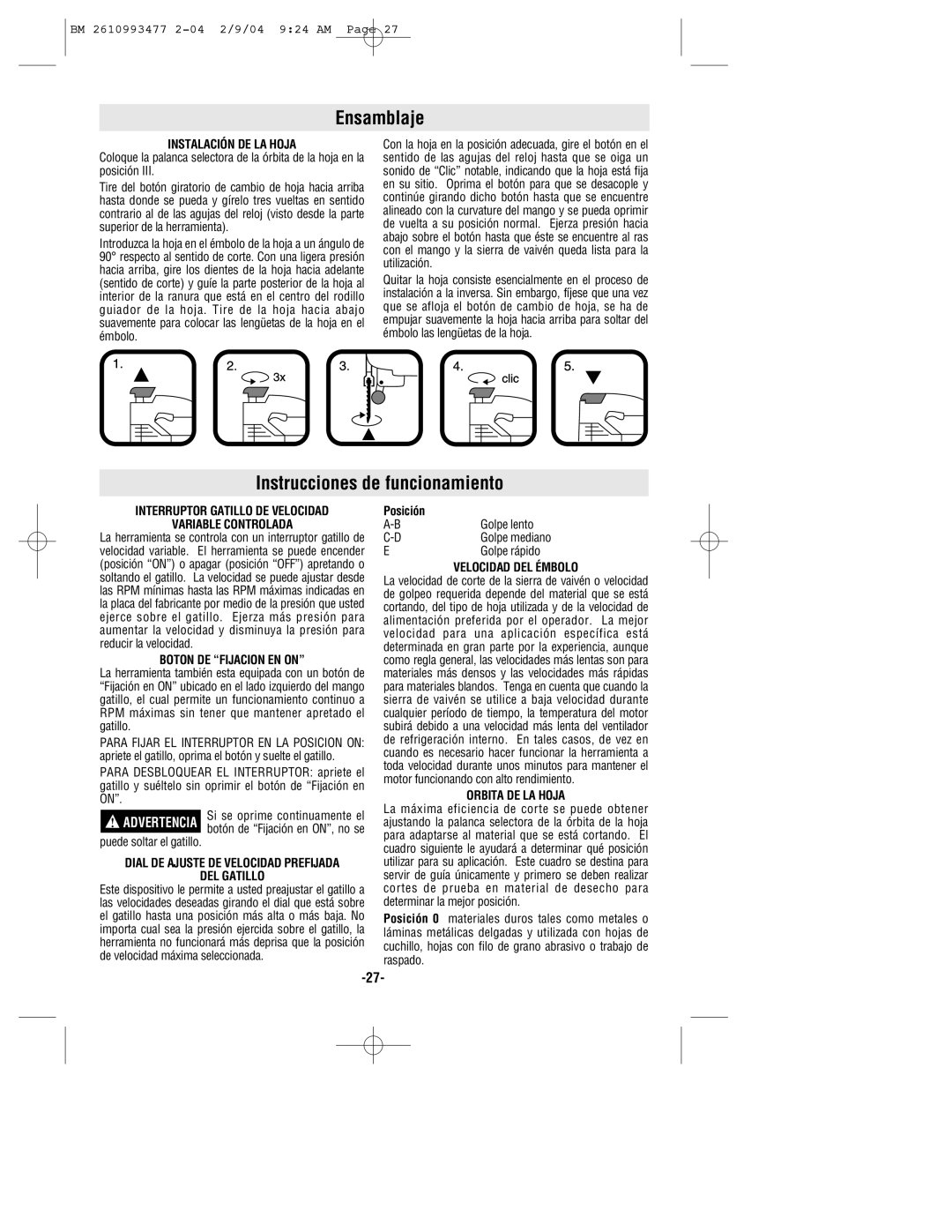 Bosch Power Tools 1587VS, 1587AVSK, 1587DVS manual Ensamblaje, Instrucciones de funcionamiento 