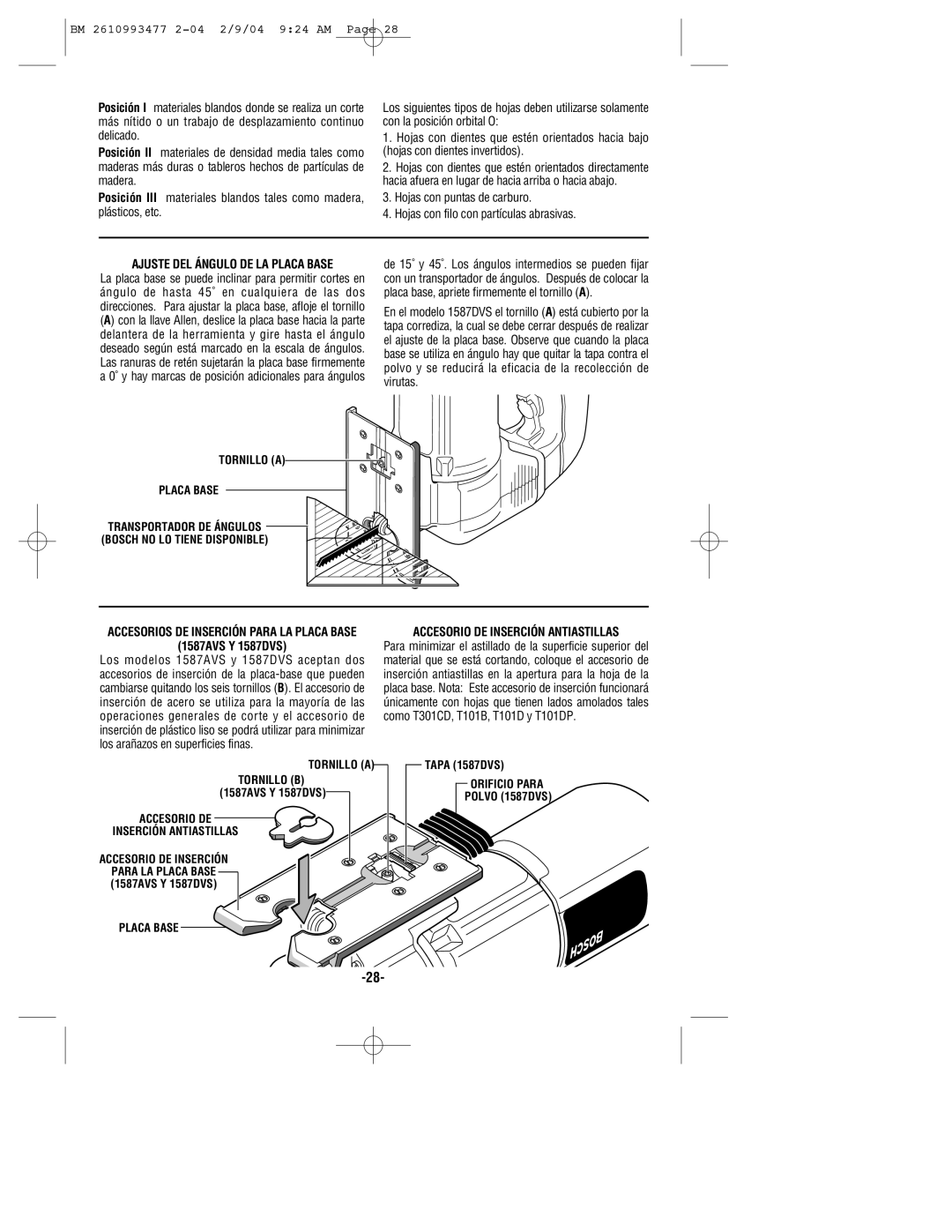 Bosch Power Tools 1587AVSK, 1587VS manual 1587AVS Y 1587DVS, Accesorio DE Inserción Antiastillas 