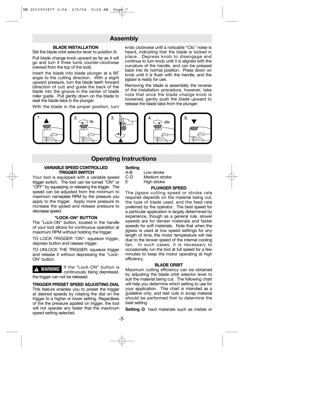 Bosch Power Tools 1587AVSK, 1587VS, 1587DVS manual Assembly, Operating Instructions 