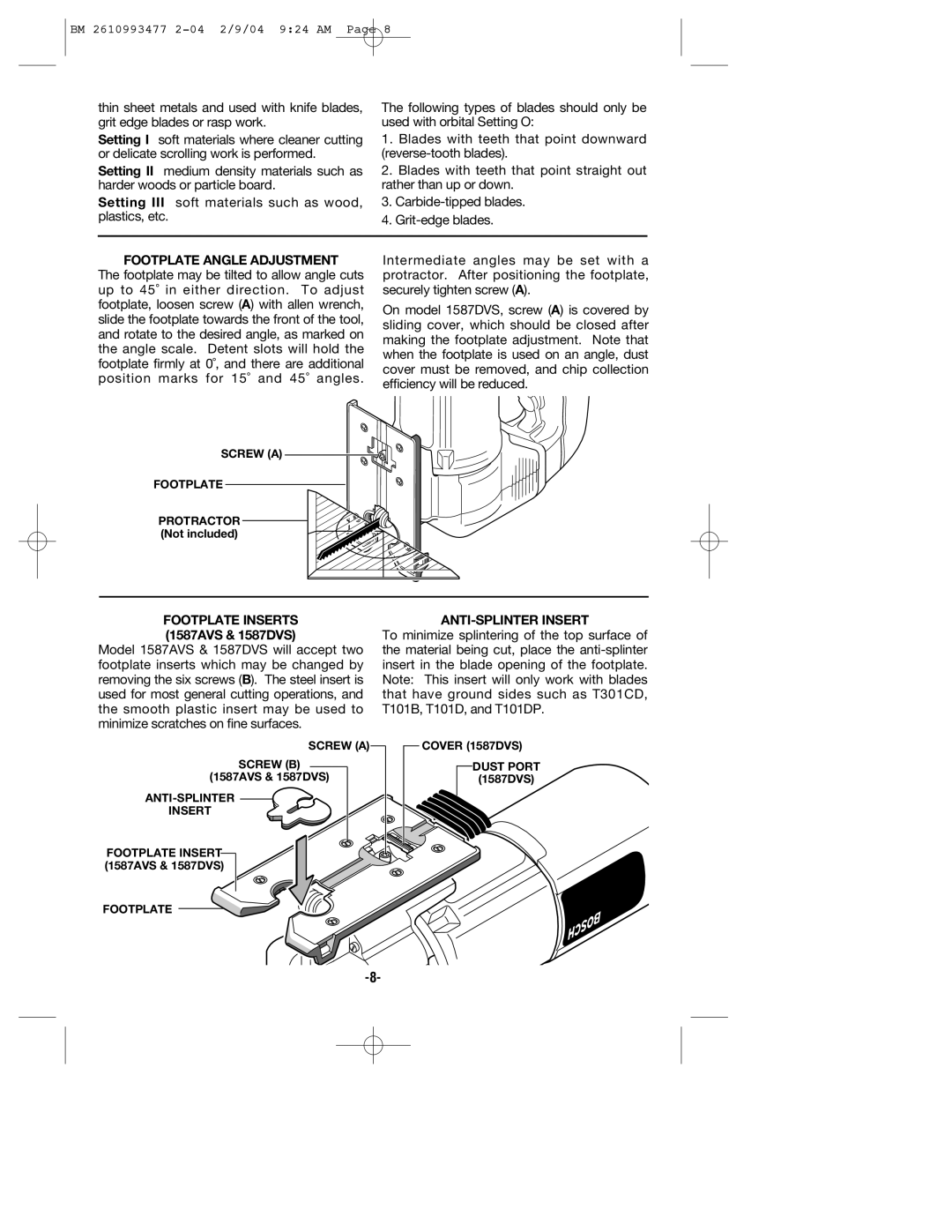 Bosch Power Tools 1587DVS, 1587VS, 1587AVSK manual Footplate Angle Adjustment 