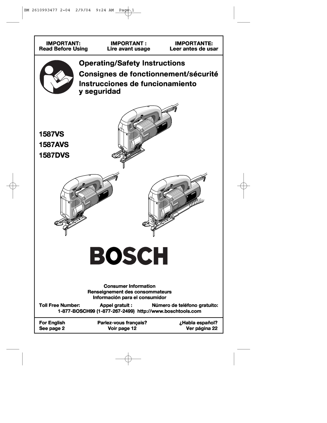 Bosch Power Tools 1587AVSK manual Importante, Read Before Using, Lire avant usage, Leer antes de usar, y seguridad, 1587VS 