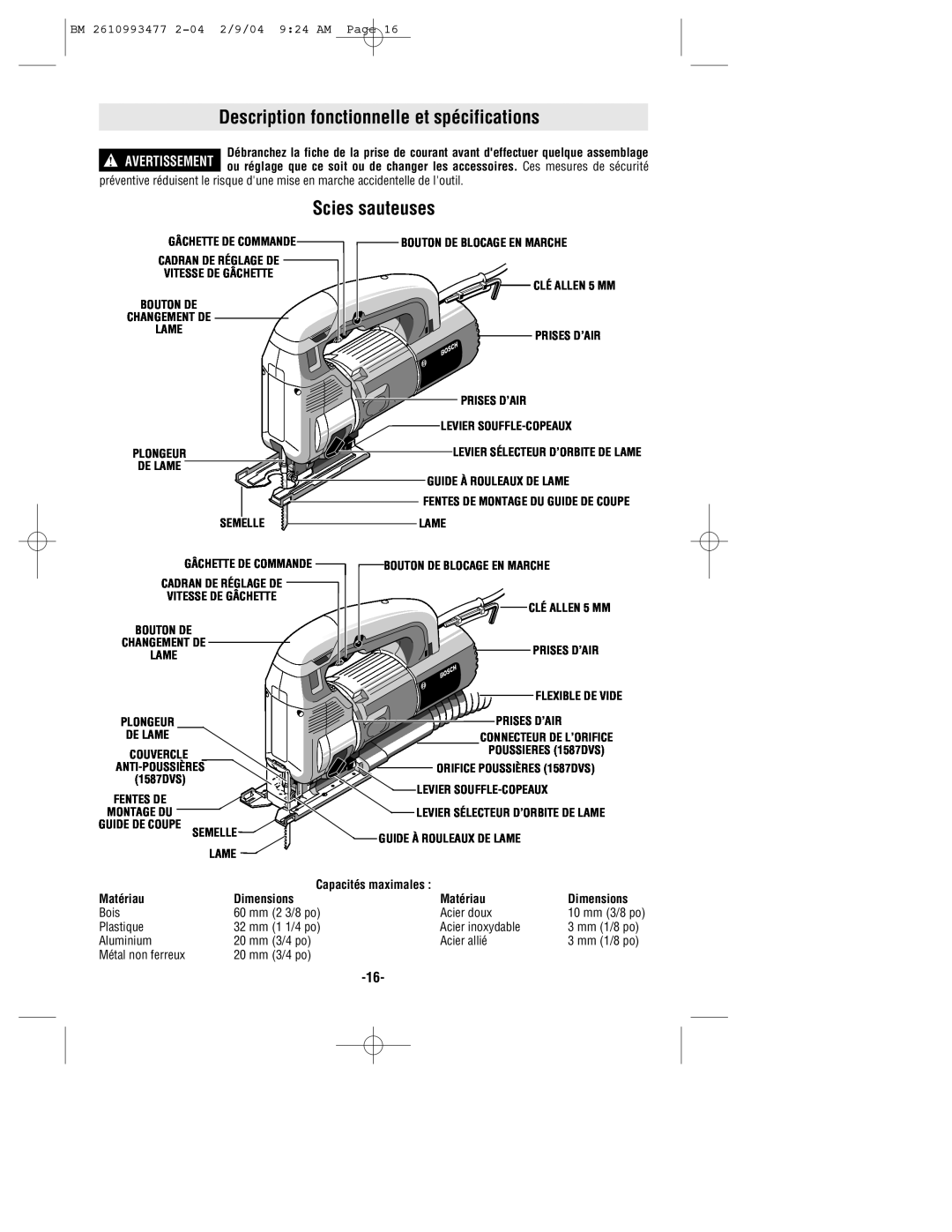 Bosch Power Tools 1587AVSK, 1587VS manual Description fonctionnelle et spécifications, Scies sauteuses, Matériau, Dimensions 
