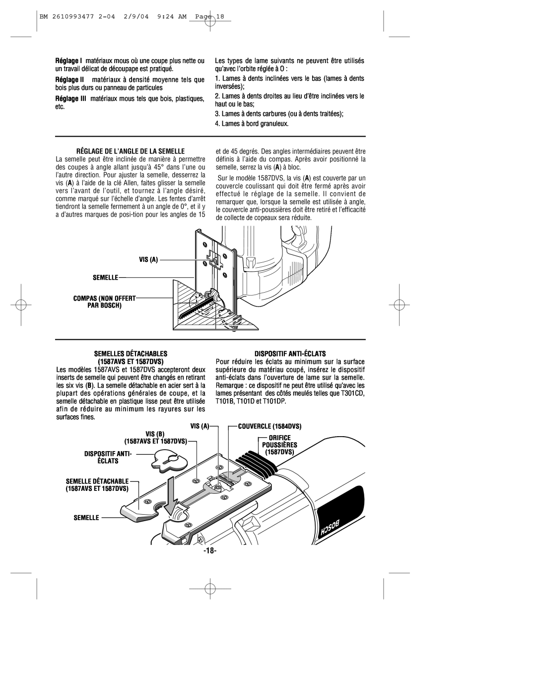 Bosch Power Tools 1587VS BM 2610993477 2-04 2/9/04 924 AM Page, Réglage De L’Angle De La Semelle, Dispositif Anti-Éclats 