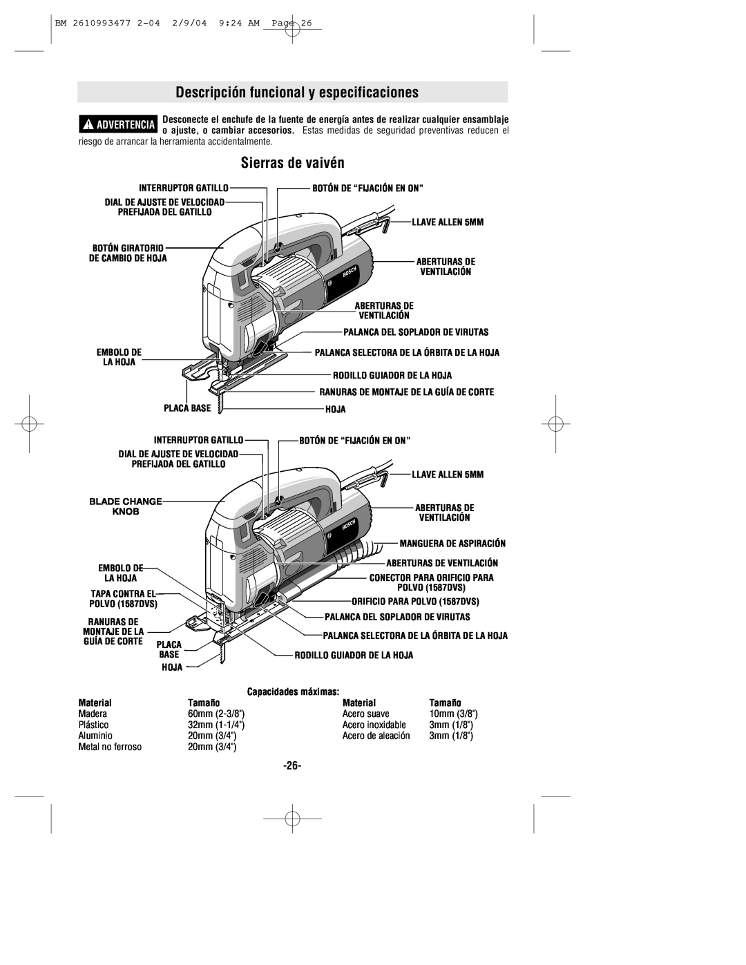 Bosch Power Tools 1587DVS manual Descripción funcional y especificaciones, Sierras de vaivén, Capacidades máximas, Material 