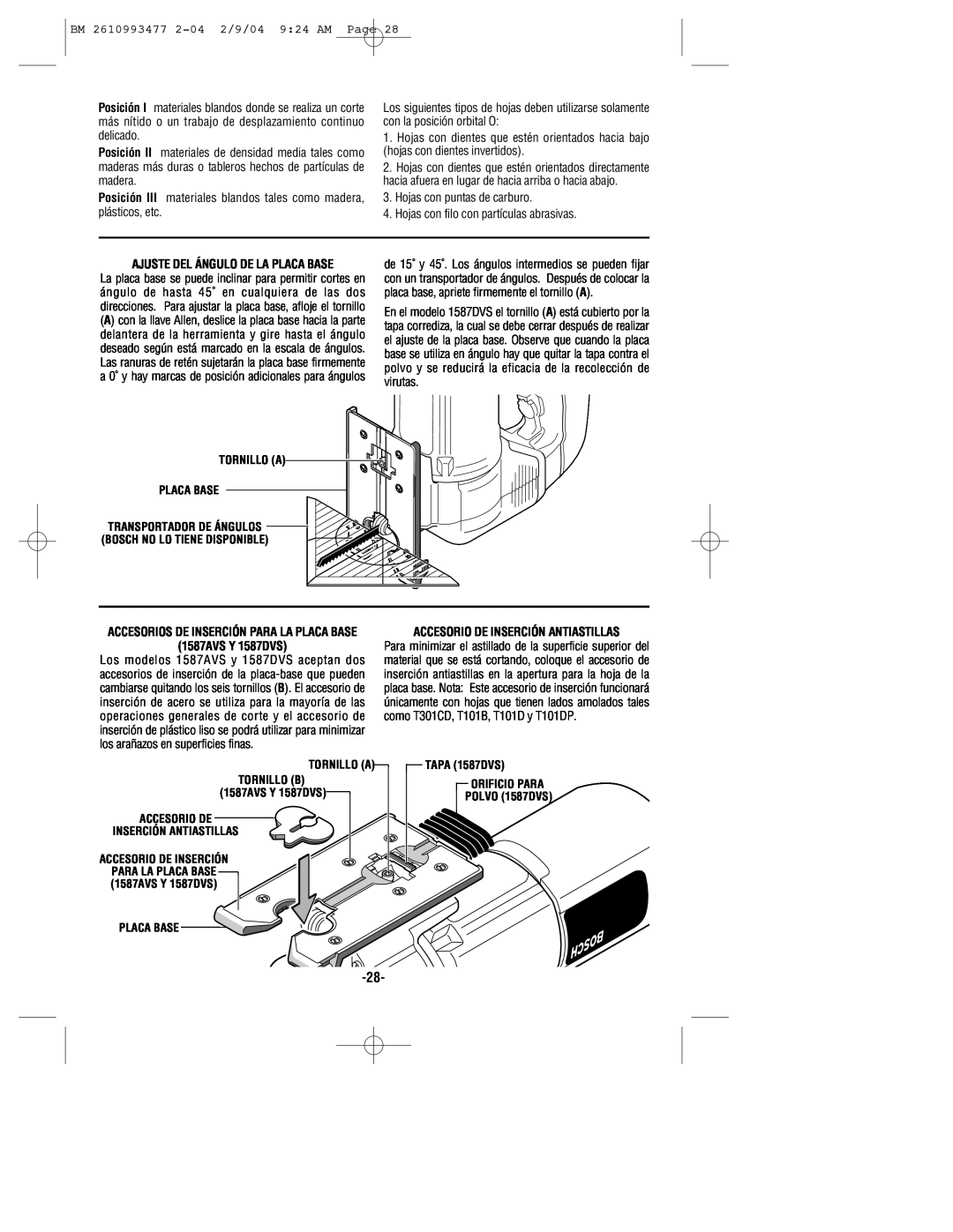 Bosch Power Tools 1587AVSK, 1587VS manual 1587AVS Y 1587DVS, Accesorio De Inserción Antiastillas 