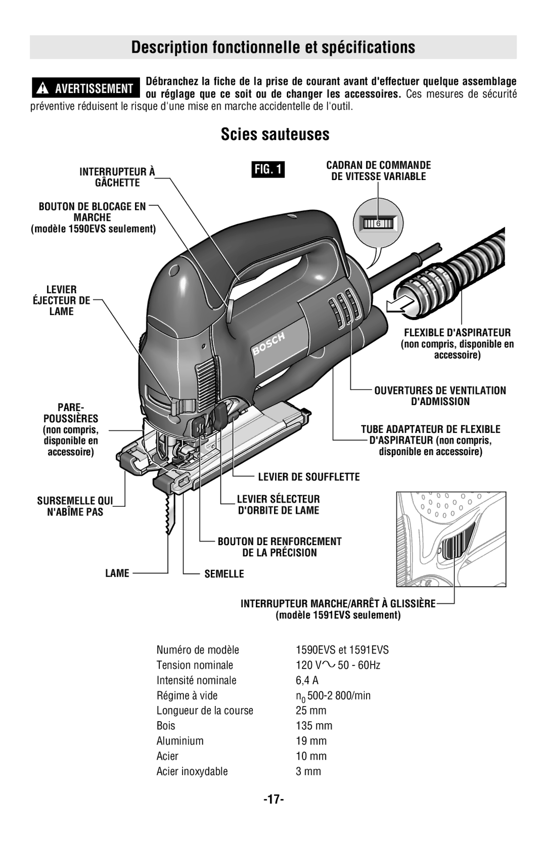 Bosch Power Tools 1591EVSL, 1590EVSK, 1591EVSK, 1590EVSL manual Description fonctionnelle et spécifications, Scies sauteuses 