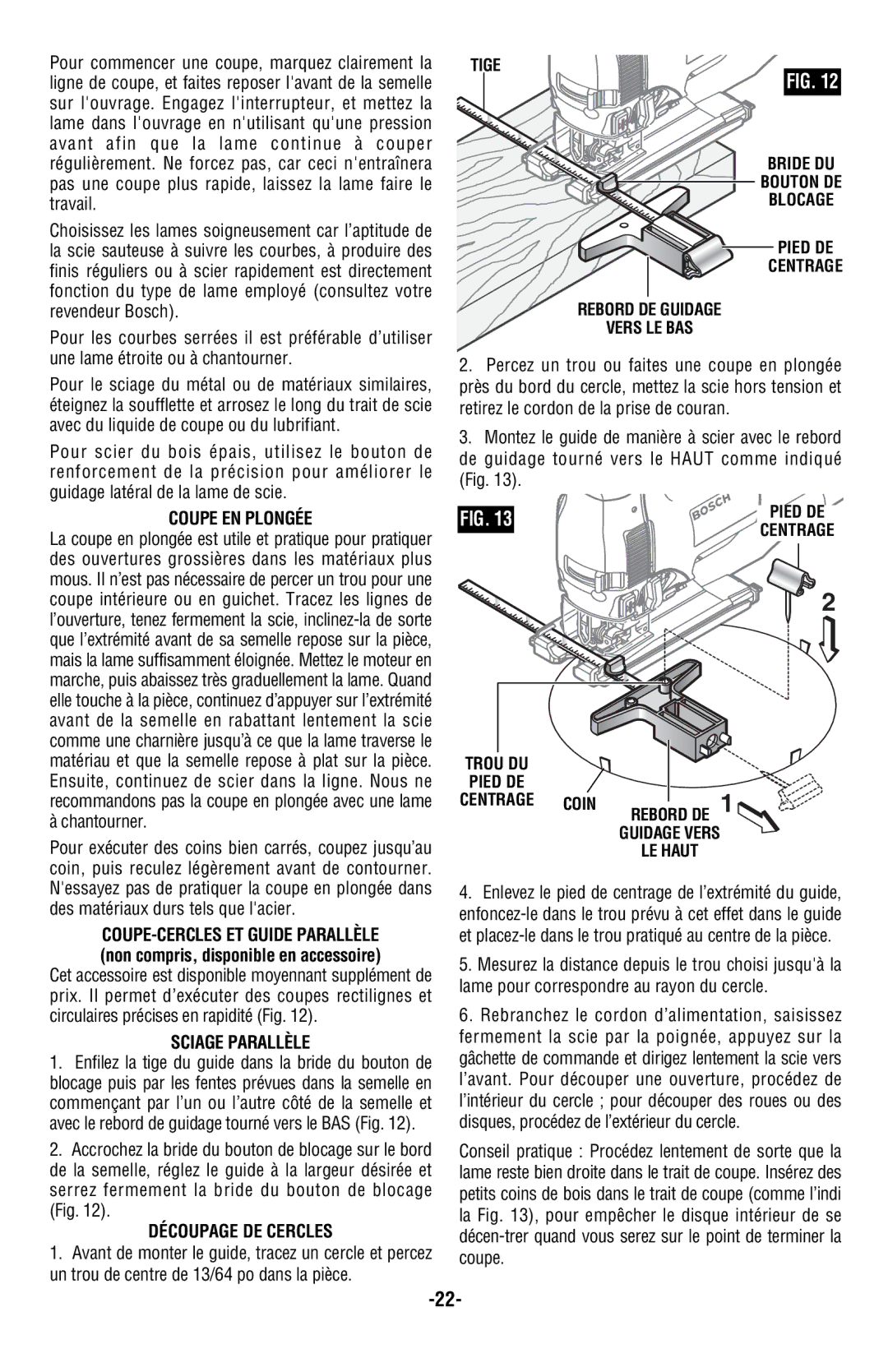 Bosch Power Tools 1591EVSK, 1590EVSK, 1591EVSL, 1590EVSL manual Coupe EN Plongée, Sciage Parallèle, Découpage DE Cercles 