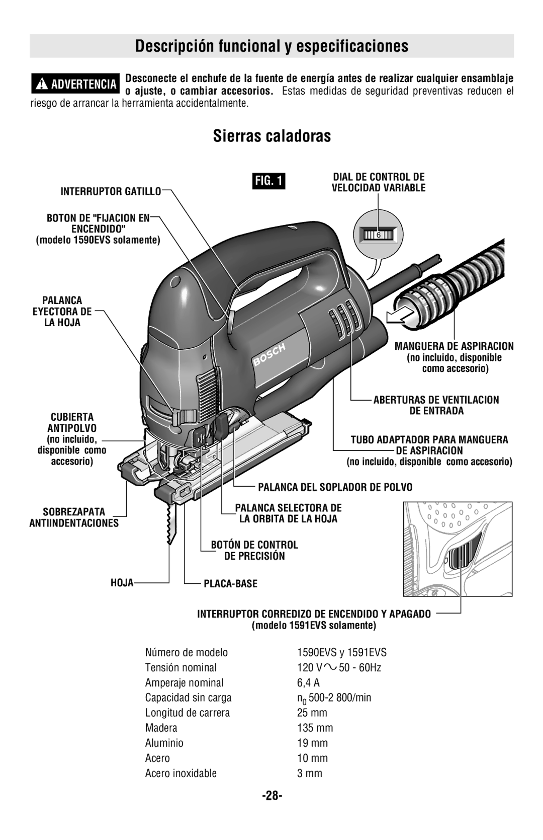 Bosch Power Tools 1590EVSK, 1591EVSL, 1591EVSK, 1590EVSL manual Descripción funcional y especificaciones, Sierras caladoras 