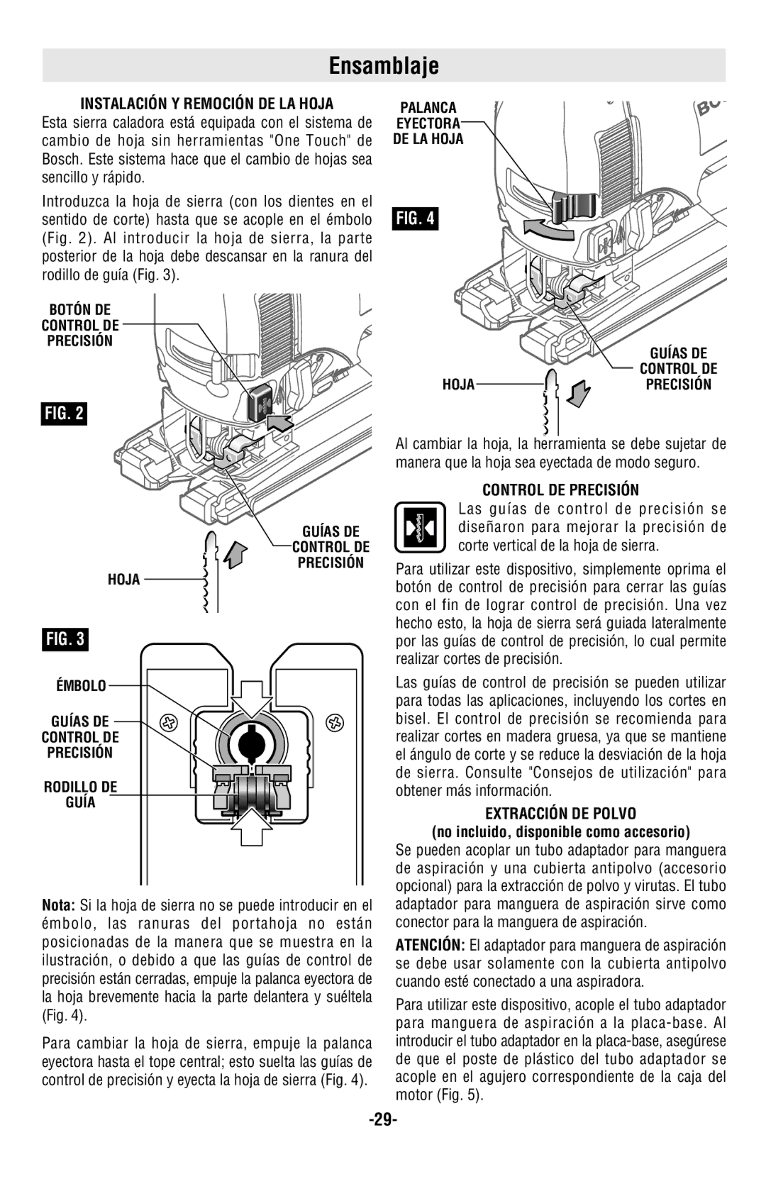 Bosch Power Tools 1591EVSL manual Ensamblaje, Instalación Y Remoción DE LA Hoja, Control DE Precisión, Extracción DE Polvo 