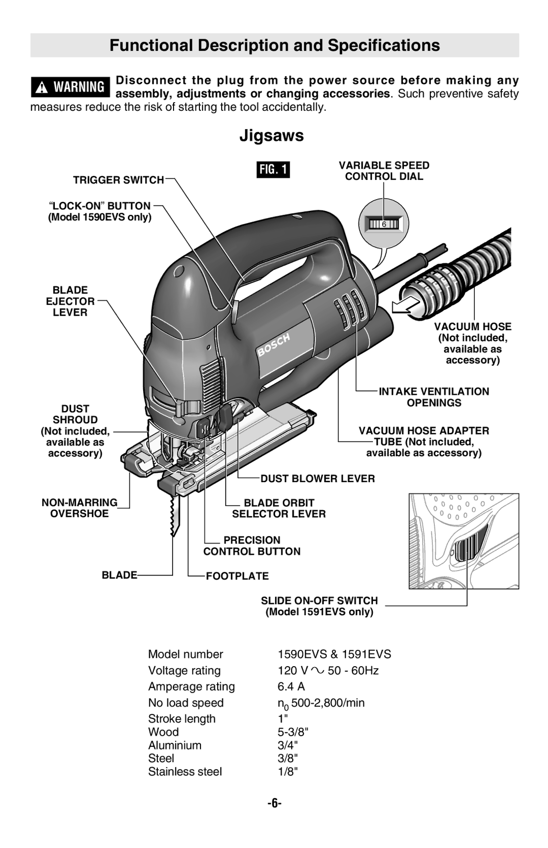 Bosch Power Tools 1591EVSK, 1590EVSK, 1591EVSL, 1590EVSL manual Functional Description and Specifications, Jigsaws 