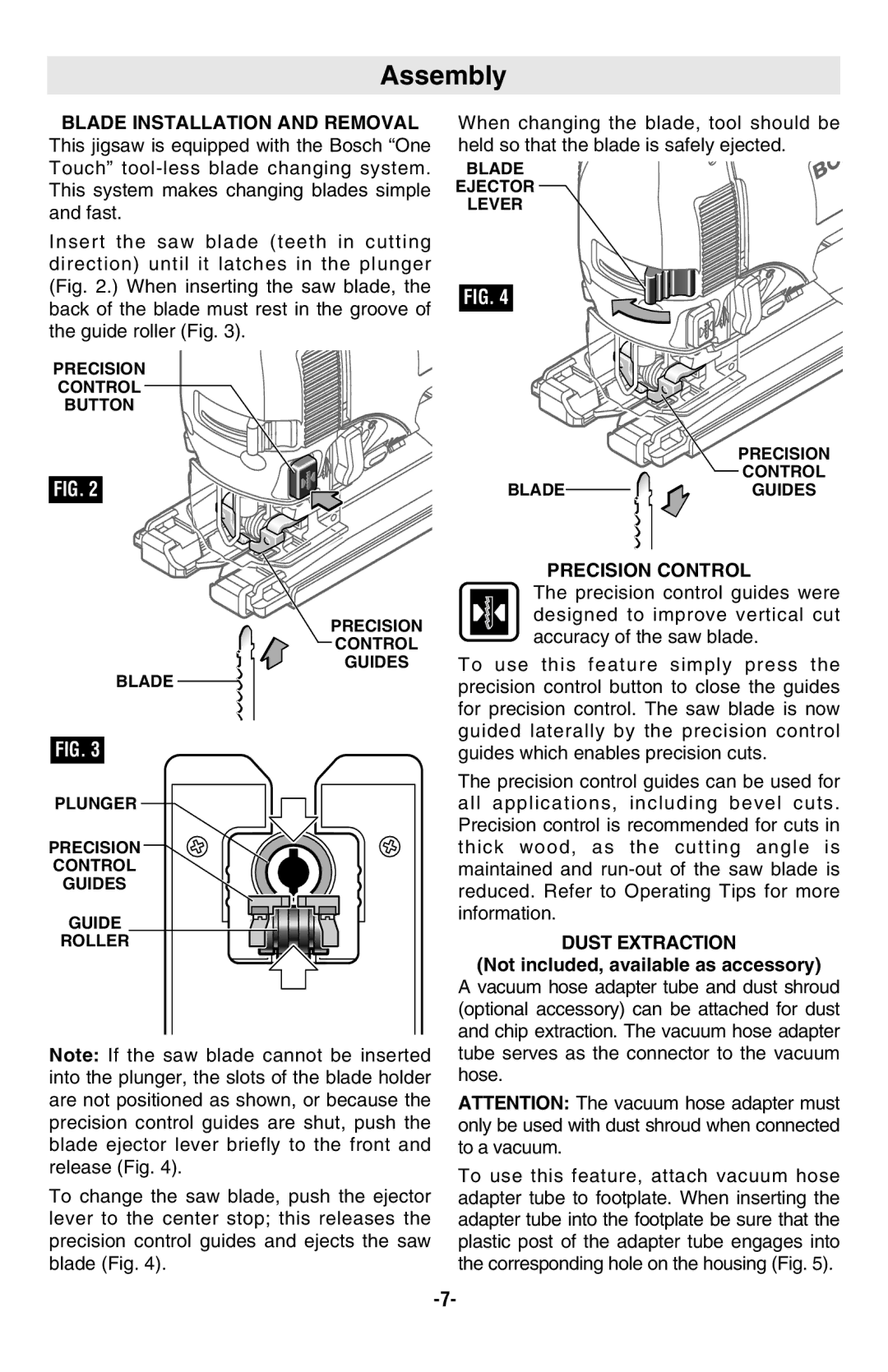 Bosch Power Tools 1590EVSL, 1590EVSK, 1591EVSL, 1591EVSK manual Assembly, Precision Control, Dust Extraction 