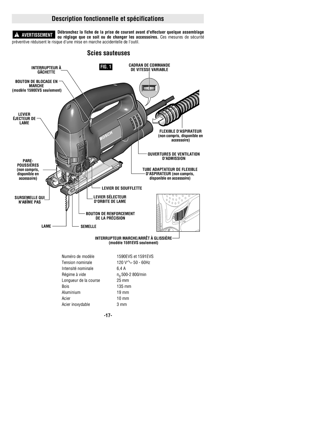 Bosch Power Tools 1590EVS, 1591EVS manual Description fonctionnelle et spécifications, Scies sauteuses 