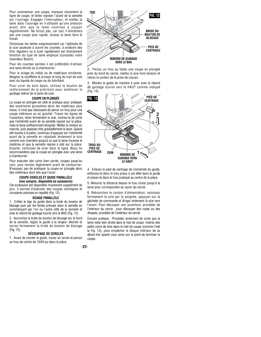 Bosch Power Tools 1591EVS, 1590EVS manual Coupe EN Plongée, Sciage Parallèle, Découpage DE Cercles 