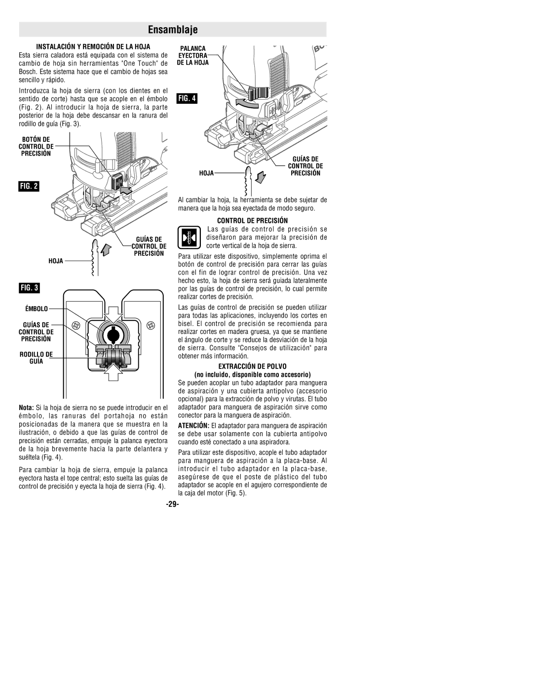 Bosch Power Tools 1590EVS manual Ensamblaje, Instalación Y Remoción DE LA Hoja, Control DE Precisión, Extracción DE Polvo 