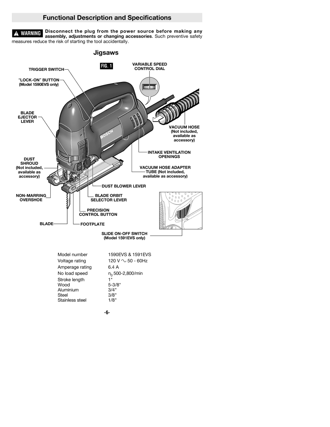 Bosch Power Tools 1591EVS, 1590EVS manual Functional Description and Specifications, Jigsaws 