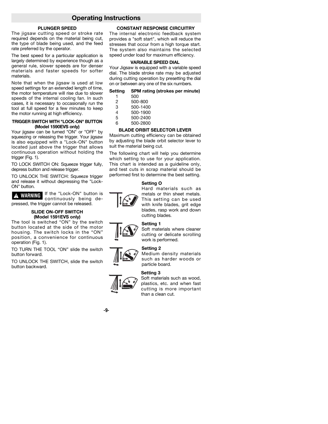 Bosch Power Tools 1590EVS Operating Instructions, Plunger Speed, Trigger Switch with LOCK-ON Button, Variable Speed Dial 