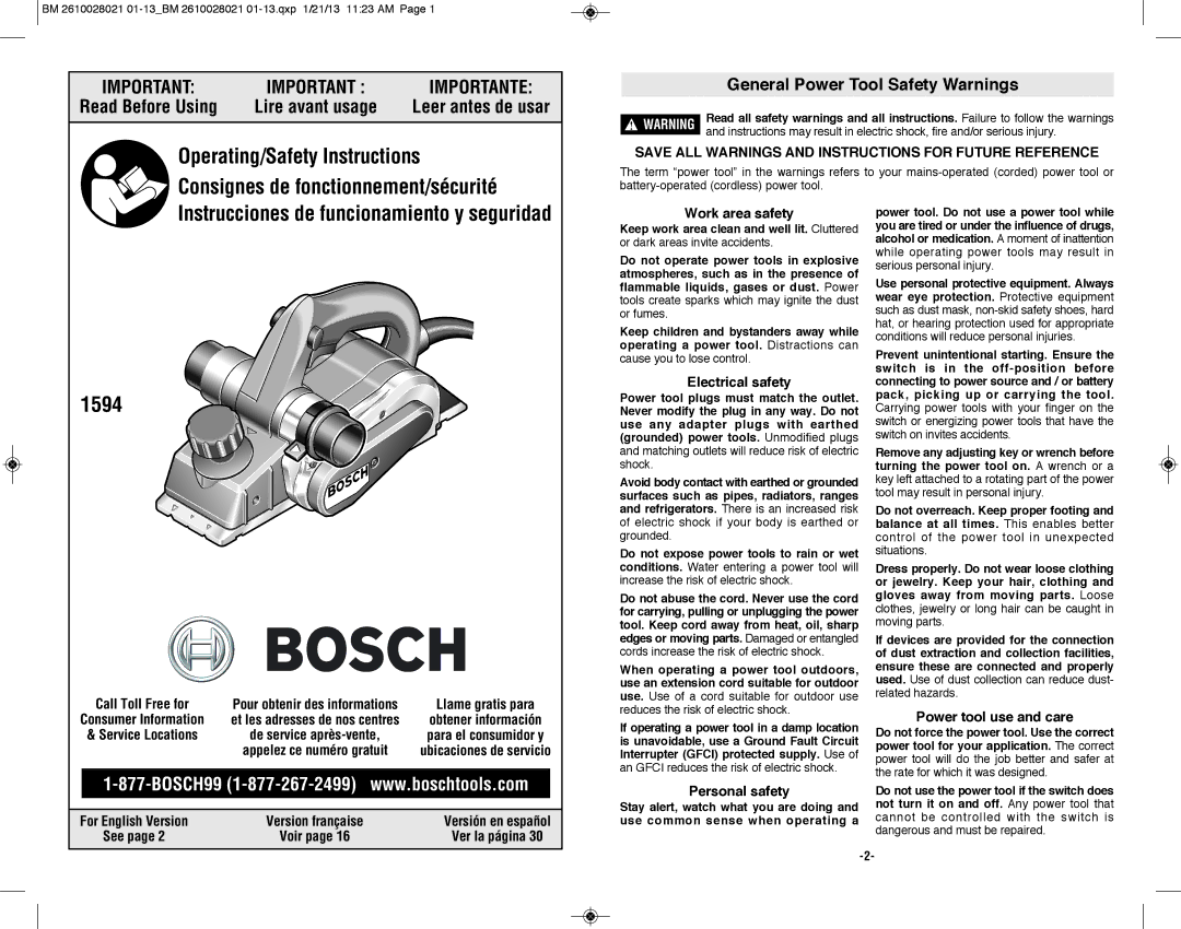 Bosch Power Tools 1594K manual General Power Tool Safety Warnings 