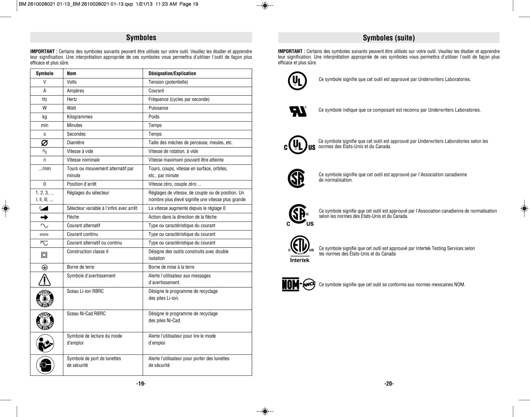 Bosch Power Tools 1594K Symboles suite, Symbole Nom Désignation/Explication, Tours, coups, vitesse en surface, orbites 