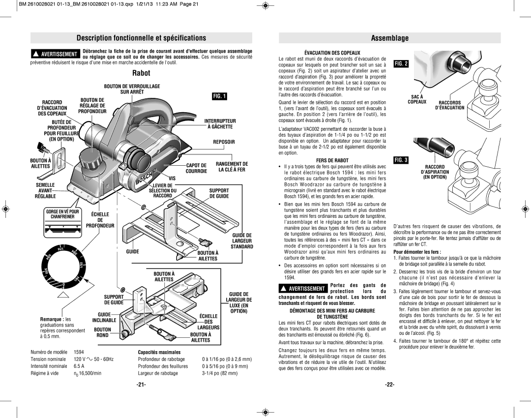 Bosch Power Tools 1594K manual Description fonctionnelle et spécifications Assemblage, Rabot 