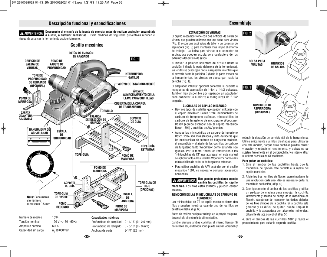 Bosch Power Tools 1594K manual Descripción funcional y especificaciones Ensamblaje, Cepillo mecánico 