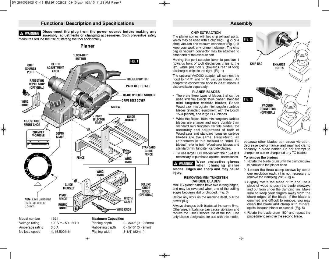 Bosch Power Tools 1594K manual Functional Description and Specifications Assembly, Planer 