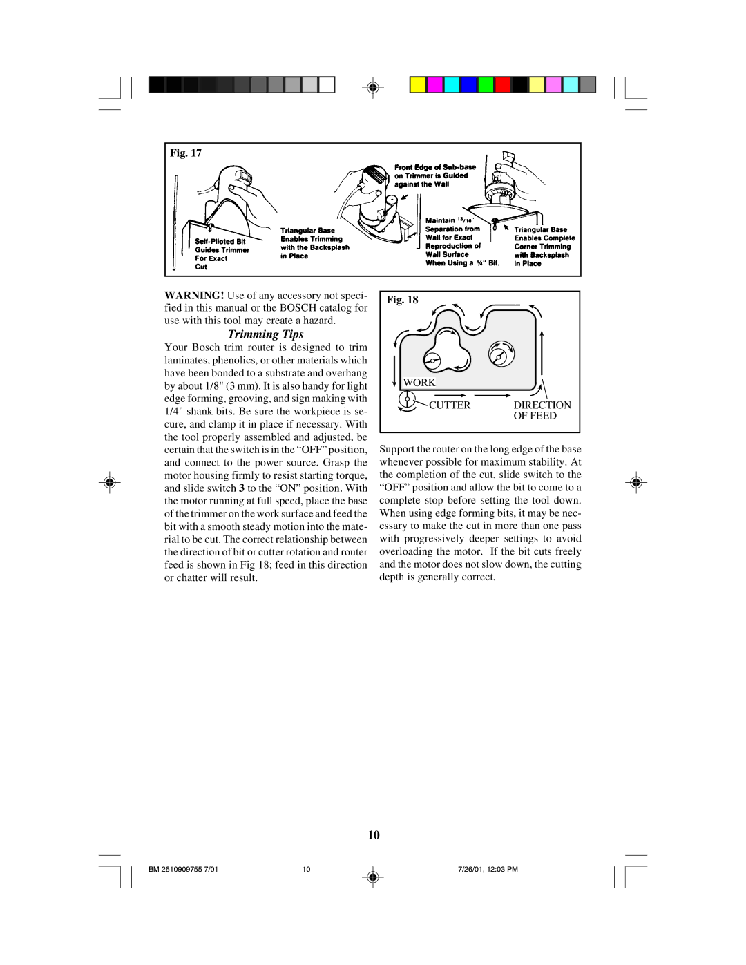 Bosch Power Tools 1608LX instruction manual Trimming Tips, Work Cutter, Feed 