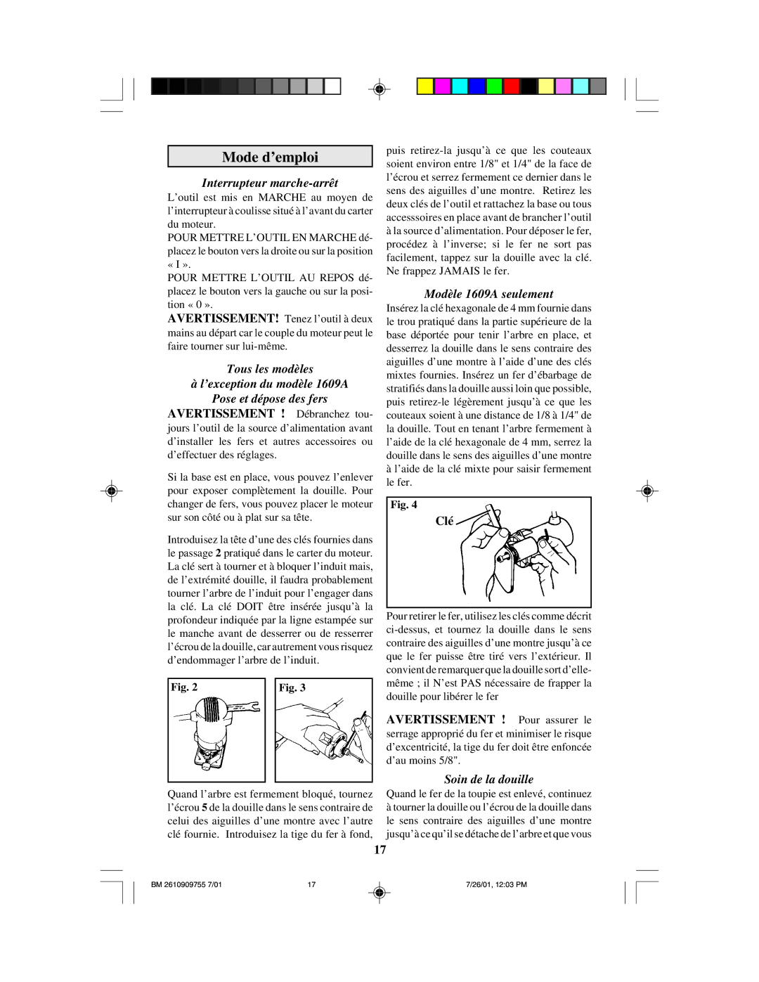 Bosch Power Tools 1608LX Mode d’emploi, Interrupteur marche-arrêt, Modèle 1609A seulement, Soin de la douille 