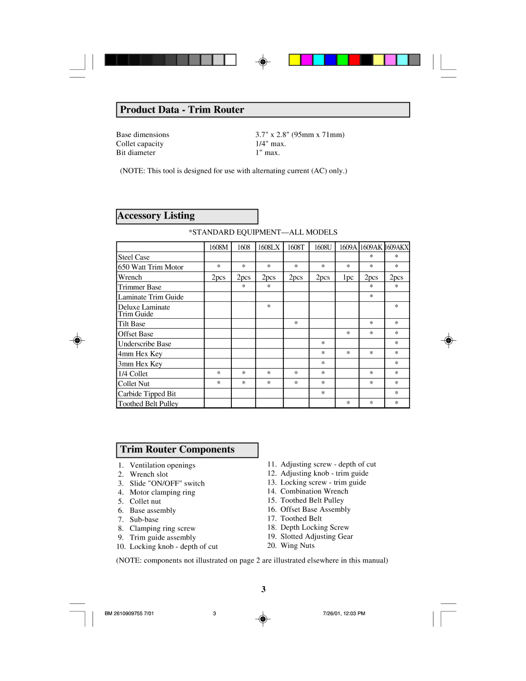 Bosch Power Tools 1608LX instruction manual Product Data Trim Router, Accessory Listing, Trim Router Components 