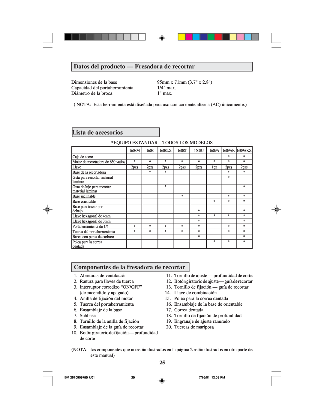 Bosch Power Tools 1608LX instruction manual Datos del producto - Fresadora de recortar, Lista de accesorios 