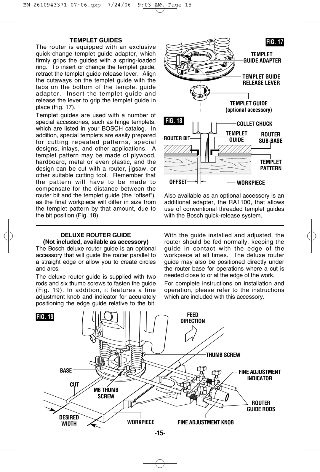 Bosch Power Tools 1613AEVS manual Guide Adapter, Templet Guide, Offset Workpiece, Deluxe Router Guide 