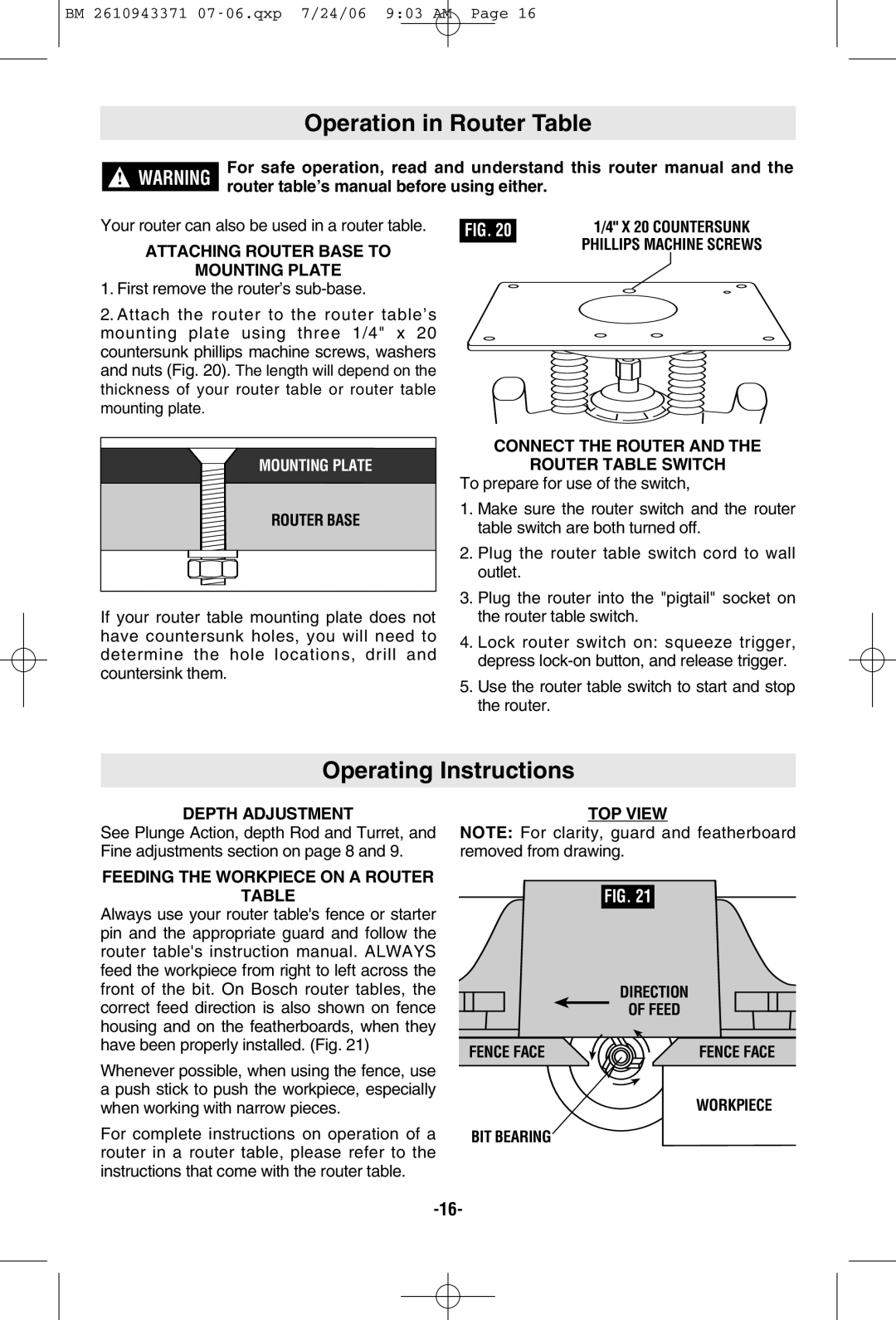 Bosch Power Tools 1613AEVS manual Operation in Router Table 