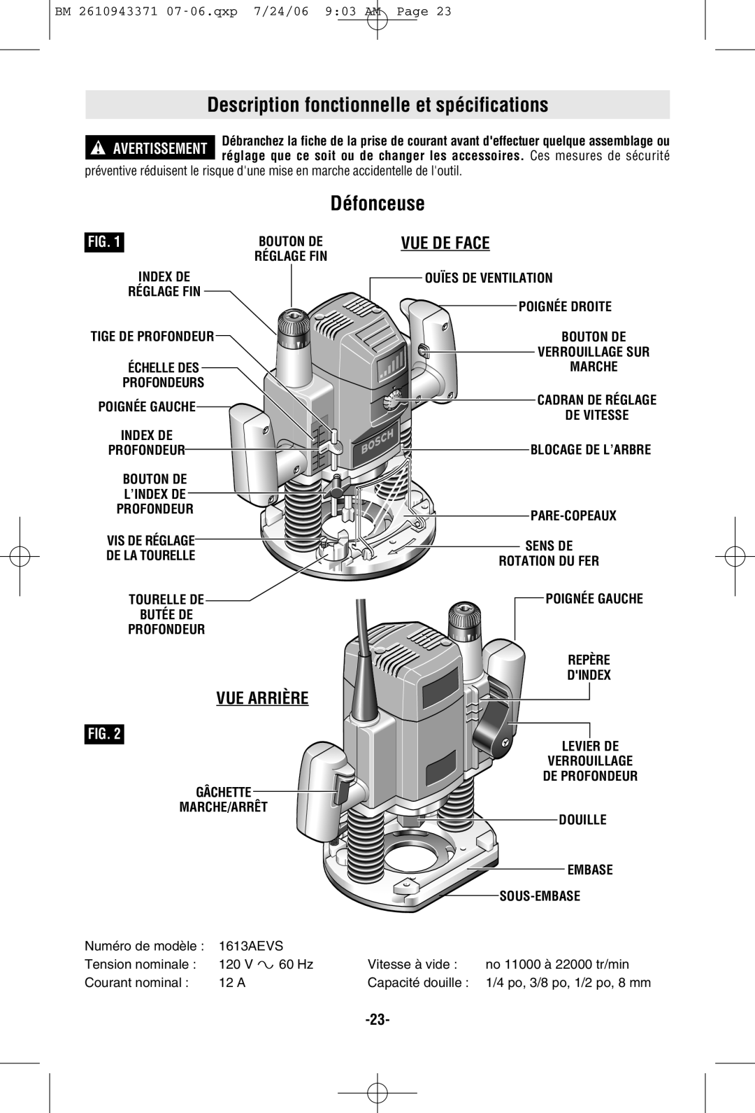 Bosch Power Tools 1613AEVS manual Description fonctionnelle et spécifications, Défonceuse, Gâchette MARCHE/ARRÊT 