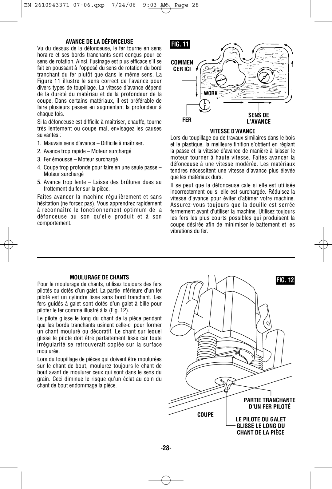 Bosch Power Tools 1613AEVS manual Avance DE LA Défonceuse, Commen CER ICI, Sens DE FERL’AVANCE Vitesse D’AVANCE 