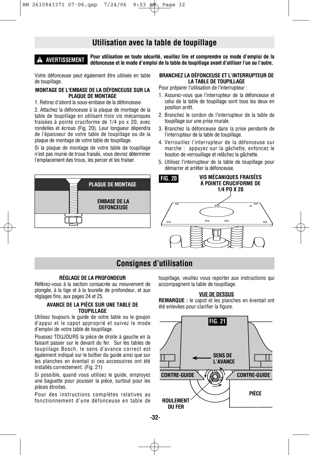 Bosch Power Tools 1613AEVS manual Utilisation avec la table de toupillage 