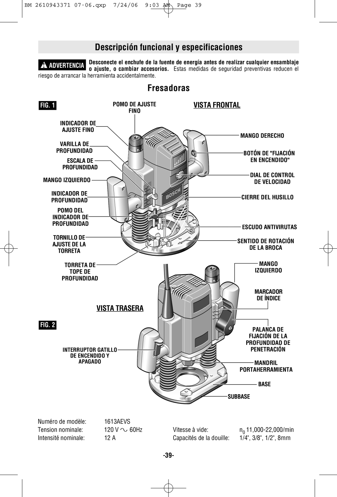 Bosch Power Tools 1613AEVS manual Descripción funcional y especificaciones, Fresadoras, Subbase 