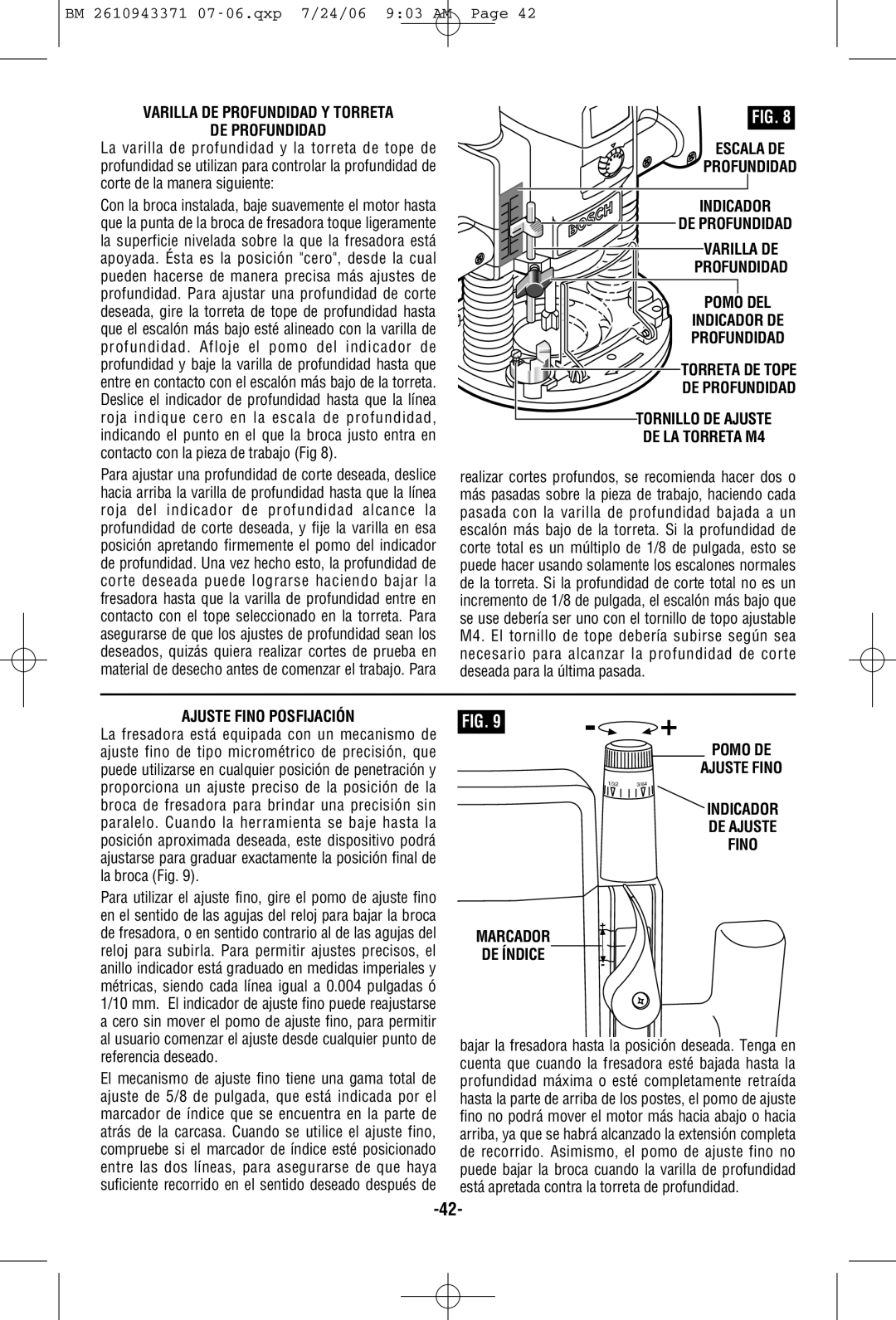 Bosch Power Tools 1613AEVS manual Varilla DE Profundidad Y Torreta, Ajuste Fino Posfijación 