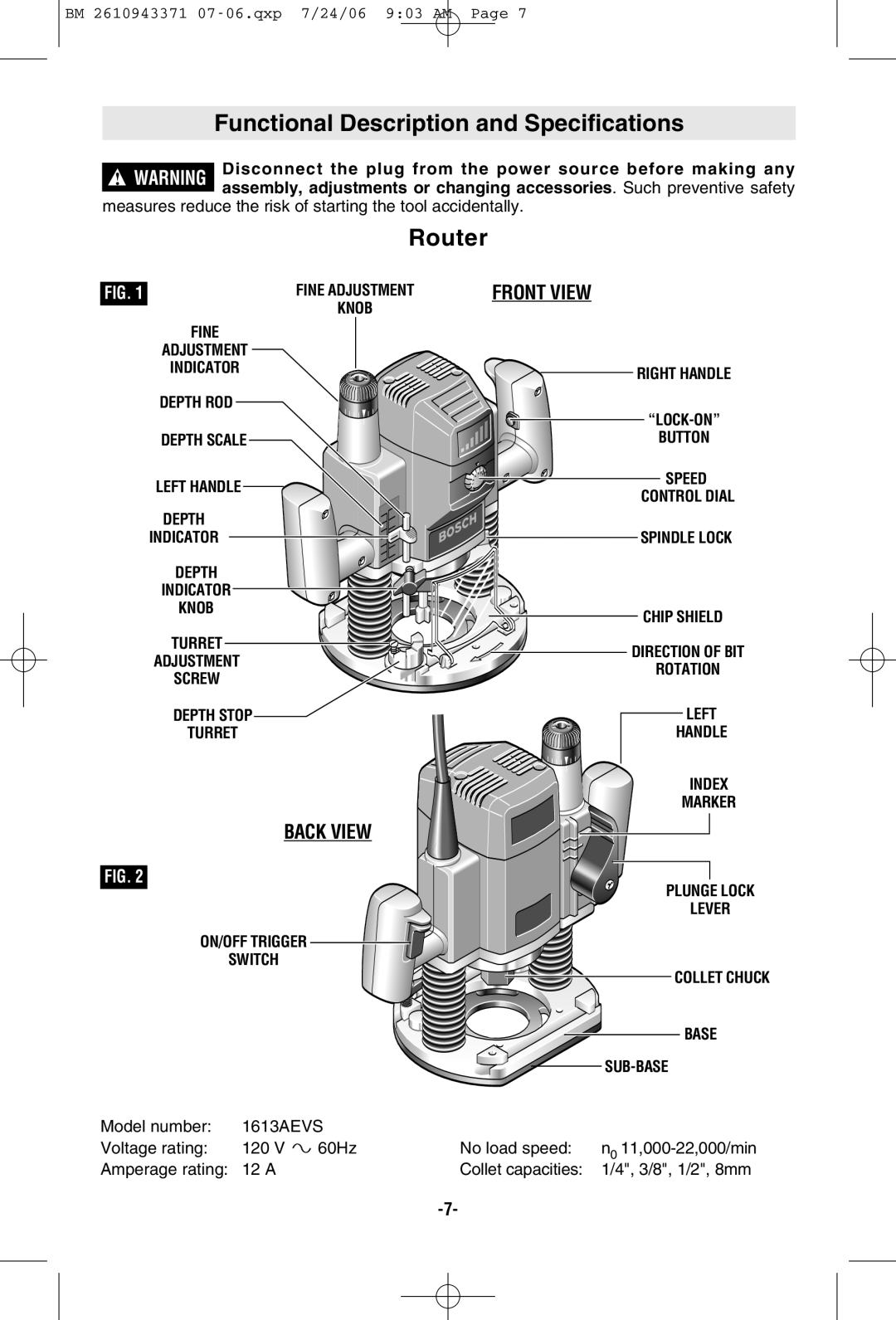 Bosch Power Tools 1613AEVS manual Functional Description and Specifications, Router, Depth ROD, ON/OFF Trigger Switch 