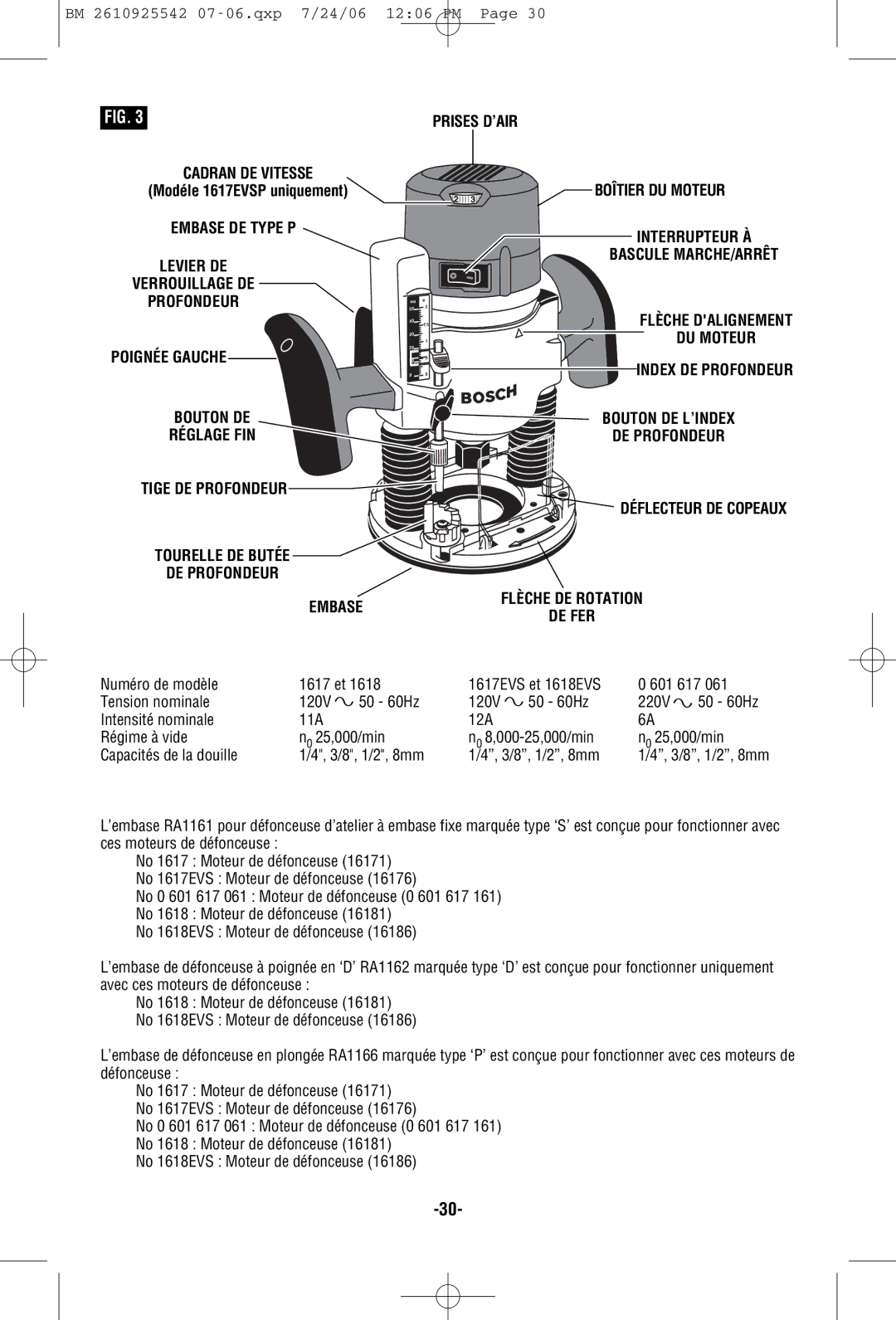 Bosch Power Tools 1618EVS, 1617EVSPK, 1617PK, 0 601 617 061 manual Bouton DE L’INDEX, DE Profondeur Embase 