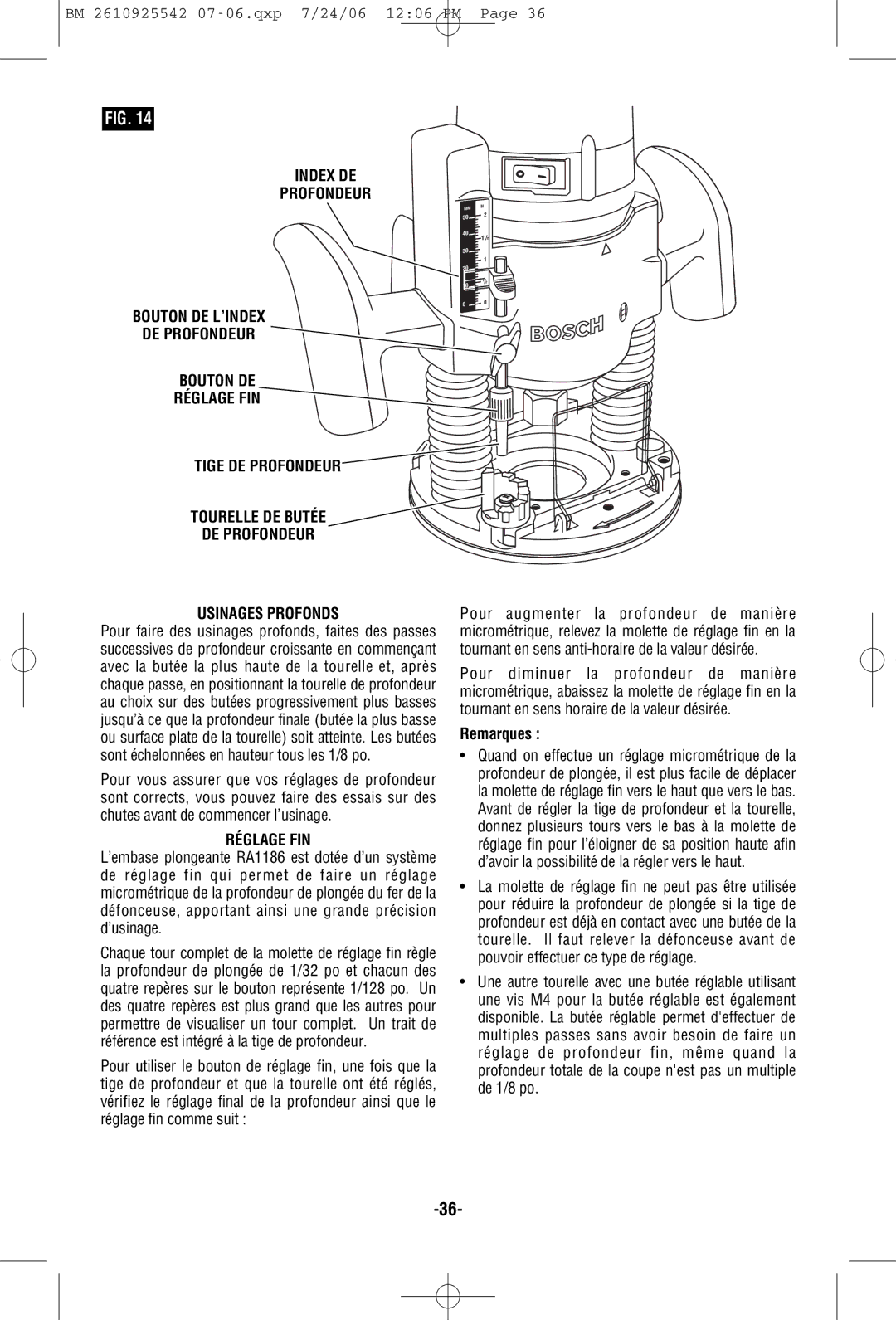 Bosch Power Tools 1618EVS, 1617EVSPK, 1617PK, 0 601 617 061 manual Réglage FIN, Remarques 