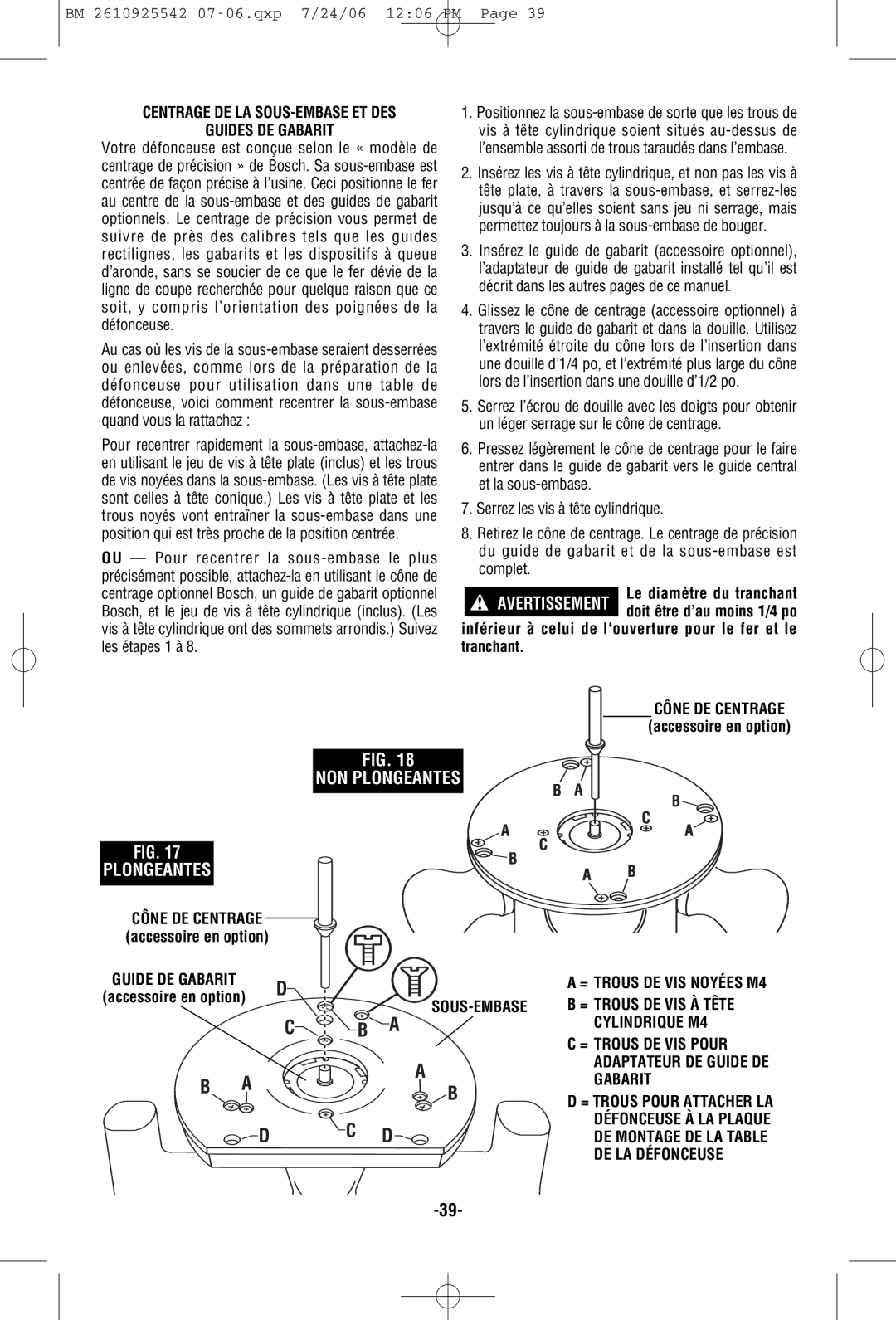 Bosch Power Tools 1618EVS, 1617EVSPK, 1617PK NON Plongeantes, Centrage DE LA SOUS-EMBASE ET DES Guides DE Gabarit 